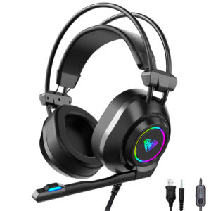 AULA S600 Stereo Gaming Headset with Noise Canceling Microphone, RGB Lights, Soft Memory Foam Headphones with Mic for PC/Mac Laptop, PS4, PS5, Xbox, Switch, Mobiles (USB+3.5mm Jack)