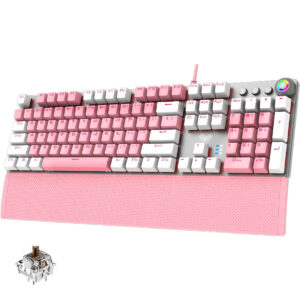 F2088 Gaming Mechanical Keyboard AULA - Ergonomic Wrist Rest, Multimedia Control Knob, 22 Backlight Modes, Full Size USB Wired Computer Keyboards (Pink White)